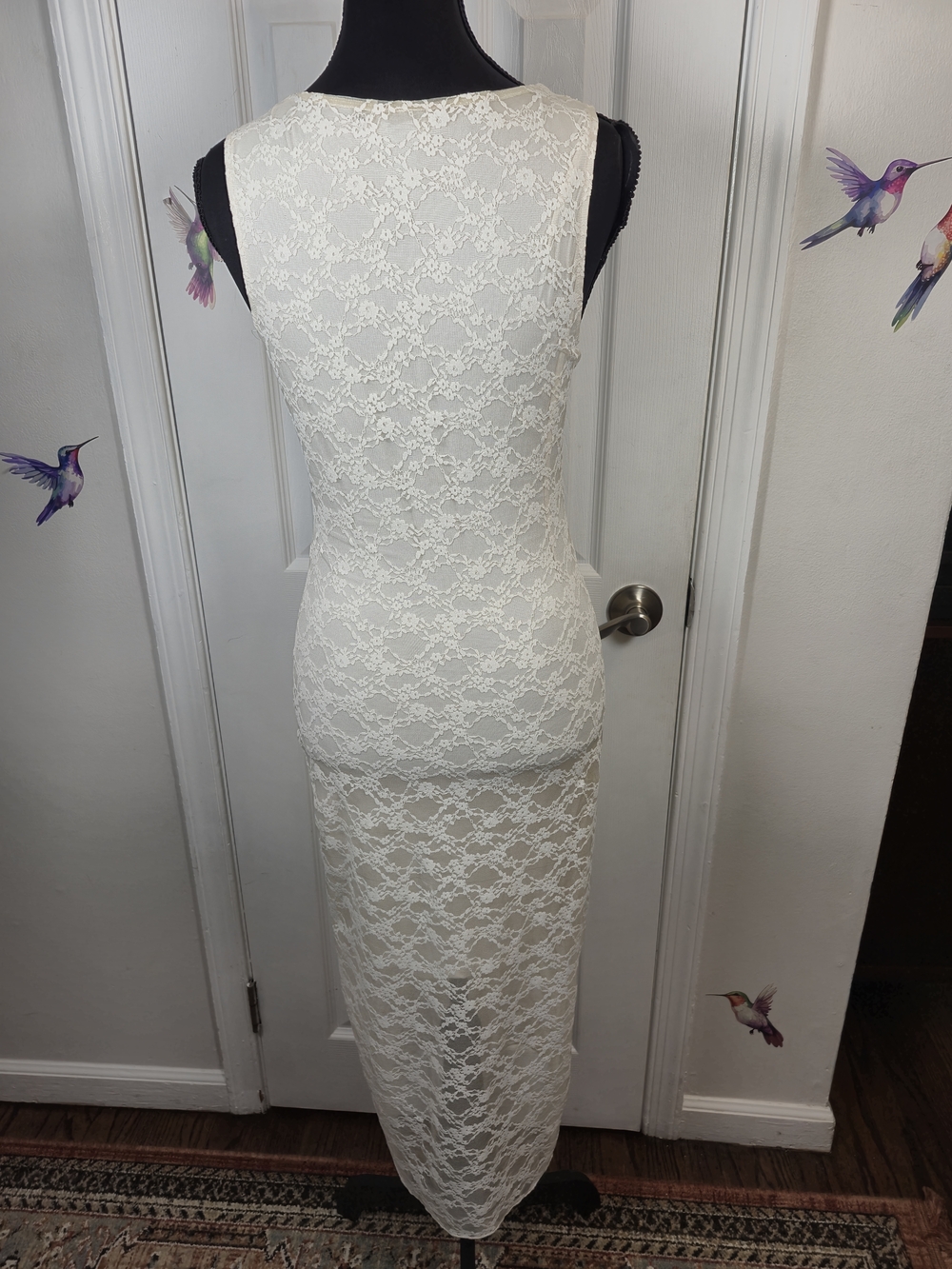 Forever 21 Cream Floral Lace Ruched Bust Coquette Boho Maxi Dress Size Small - Picture 5 of 6